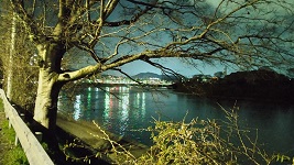 瀬田川沿いに暗い中、一人歩き